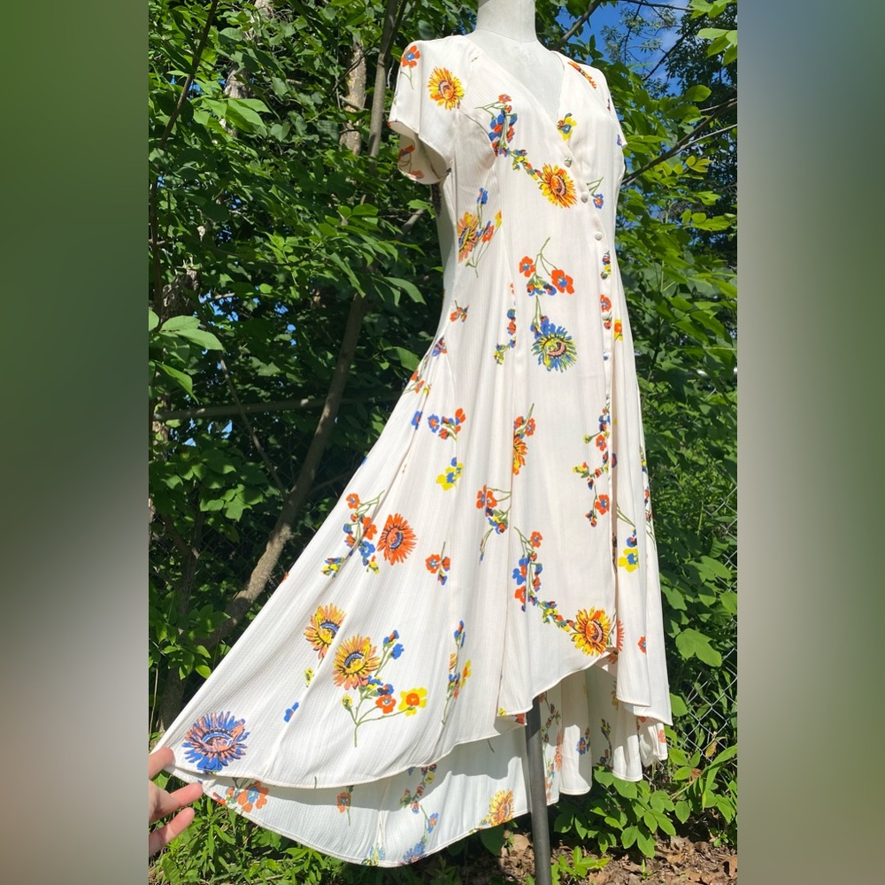 FREE PEOPLE DRESS Grunge High Low MEDIUM Cap Sleeve Floral 90s Style Flower M